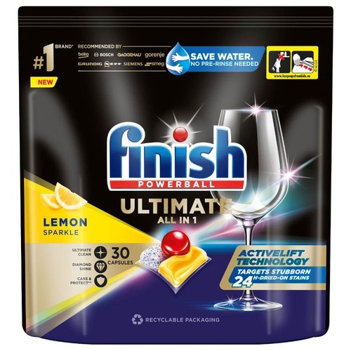 Kapsułki do zmywarki Finish Ultimate All in 1 o zapachu cytrynowym. Opakowanie zawiera 30 sztuk, dla skutecznego mycia.