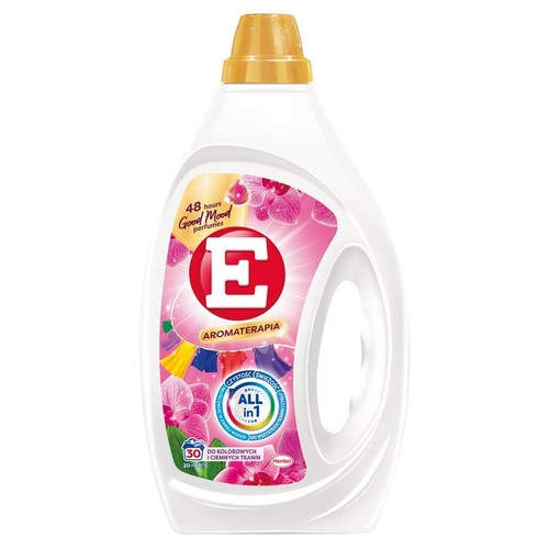 Płyn do prania E Aromaterapia, 48 godzin świeżości. Opakowanie z grafiką orchidei i napisem "All in 1".