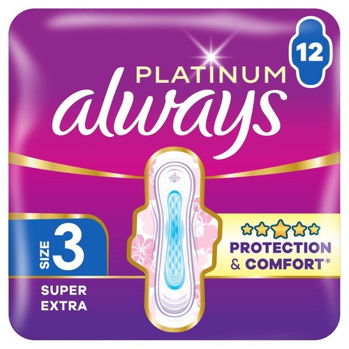 Always Platinum, podpaski higieniczne, rozmiar 3 Super Extra, 12 sztuk. Fioletowe opakowanie z grafiką produktu.