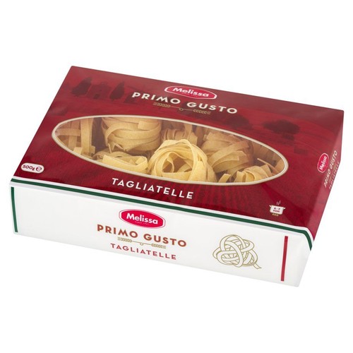 Opakowanie makaronu Melissa Primo Gusto Tagliatelle, 500g. Makaron w kształcie gniazd widoczny przez okienko.