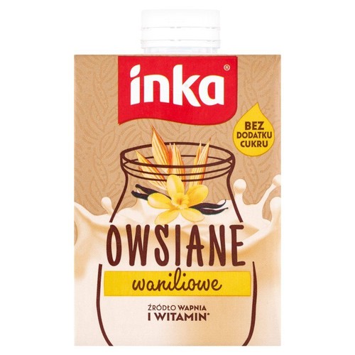 Karton napoju Inka Owsiane Waniliowe. Opakowanie z grafiką słoika z wanilią i płatkami owsianymi. Bez dodatku cukru.