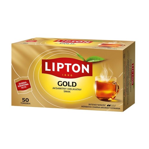 Pudełko herbaty Lipton Gold z 50 torebkami. Słodka kwiatowa nuta i aksamitny, delikatny smak czarnej herbaty.