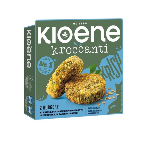 Opakowanie Kioene kroccanti, 2 burgery z cukinią, płatkami ziemniaczanymi i pietruszką w panierce panko. Na opakowaniu widoczne są dwa złociste burgery. Produkt jest źródłem białka i błonnika pokarmowego. Marka numer 1 we Włoszech.