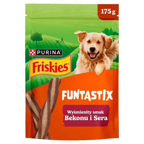 Friskies Funtastix 175g, przysmaki dla psa o smaku bekonu i sera. Zielono-pomarańczowa torebka z wizerunkiem psa.