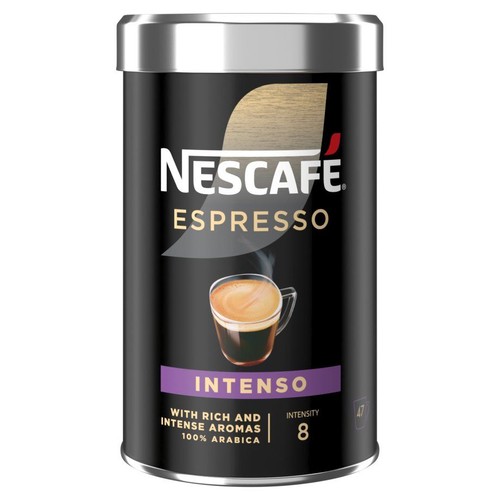 Kawa Nescafé Espresso Intenso w czarnej puszce. Opis "Z bogatymi i intensywnymi aromatami", intensywność 8.