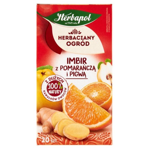 Czerwone opakowanie herbaty Herbapol Herbaciany Ogród, smak imbir, pomarańcza, pigwa. Zawiera 20 torebek.