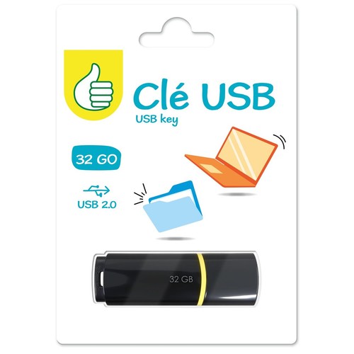 Pendrive USB 2.0 o pojemności 32 GB, czarny z żółtym paskiem. Zapakowany w białe kartonowe opakowanie.