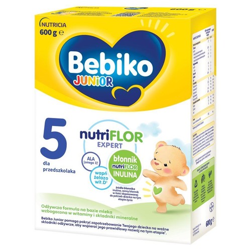 Bebiko Junior 5 nutriFLOR EXPERT, mleko modyfikowane dla przedszkolaków, 600g. Zawiera ALA, błonnik, wapń, żelazo, witaminę D.