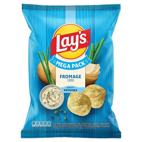 Chipsy Lay's Mega Pack o smaku serowym w niebieskim opakowaniu. Grafika przedstawia ziemniaki, szczypiorek i chipsy. 200g.
