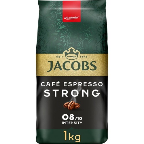 Kawa Jacobs Café Espresso Strong w czarno-zielonej torbie, 1 kg. Złoty napis Jacobs, grafika parujących ziaren kawy.