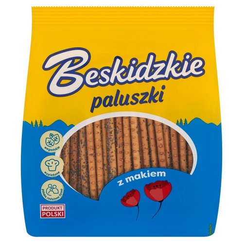 Żółto-niebieskie opakowanie paluszków Beskidzkie z makiem. Widać chrupiące paluszki posypane makiem. Produkt Polski.