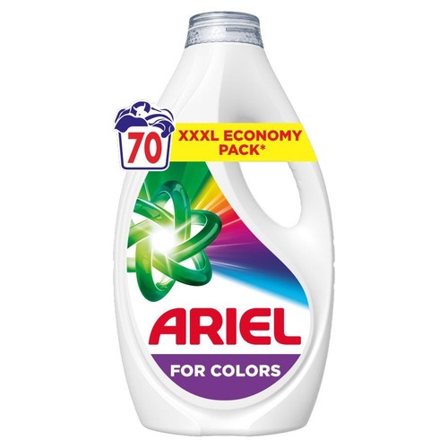Biała butelka płynu do prania Ariel For Colors, opakowanie ekonomiczne XXXL na 70 prań.