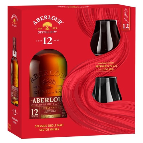 Zestaw prezentowy Aberlour 12-letnia Speyside Single Malt Scotch Whisky 700ml w czerwonym pudełku. W środku butelka whisky dojrzewającej w beczkach po amerykańskim dębie i sherry, oraz dwie eleganckie szklanki.