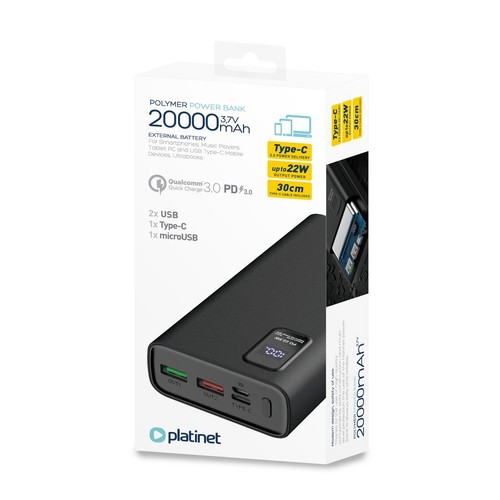 Powerbank 20000 mAh 20W PD QC + kabel USB-C 1m polymer LED wyświetlacz Platinet 1 sztuka