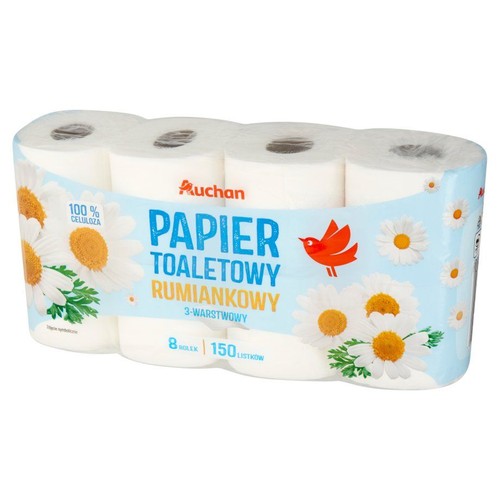 Auchan papier toaletowy rumiankowy, 8 rolek, 3-warstwowy. Opakowanie z rumiankami i czerwonym ptakiem.