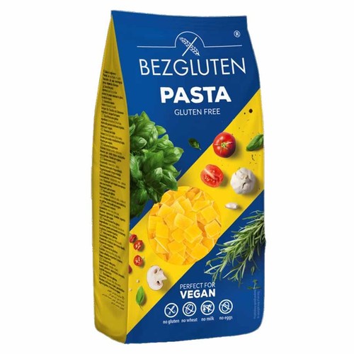 Niebiesko-żółte opakowanie makaronu Bezgluten Pasta. Produkt bez glutenu, pszenicy, mleka i jaj. Odpowiedni dla wegan.