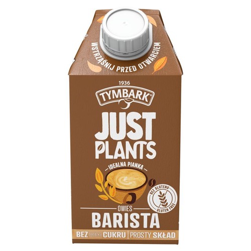 Karton Tymbark Just Plants Owies Barista, napój roślinny do kawy. Bez glutenu, bez dodatku cukru, prosty skład. Na opakowaniu grafika filiżanki kawy z pianką i liście owsa. Biała nakrętka.
