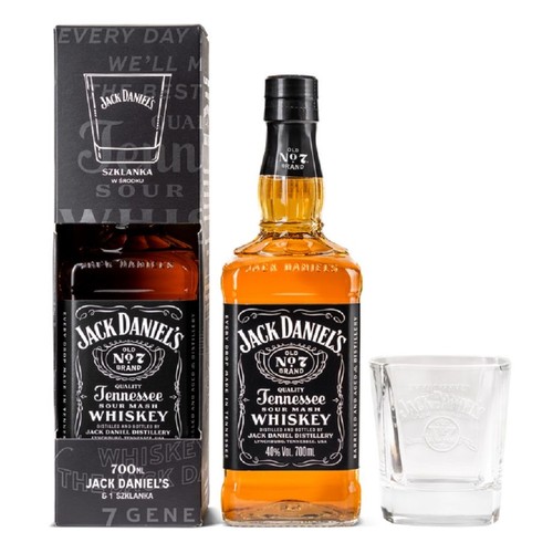 Zestaw prezentowy Jack Daniel's Old No. 7 Tennessee Sour Mash Whiskey 700ml, 40% obj. Zawiera butelkę whiskey i jedną szklankę. Całość w czarnym kartonowym opakowaniu z białymi napisami.