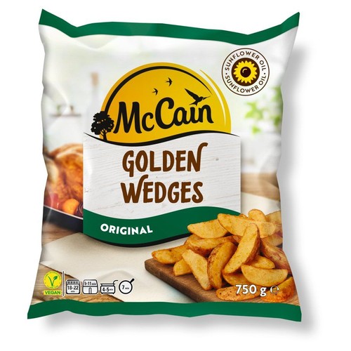 Opakowanie McCain Golden Wedges Original, 750g. Produkt wegański, smażony na oleju słonecznikowym. Na opakowaniu złociste ćwiartki ziemniaków.