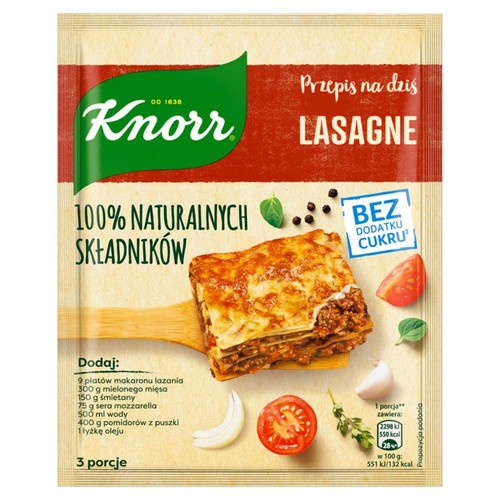 Opakowanie Knorr Lasagne, 100% naturalnych składników, bez dodatku cukru. Na opakowaniu kawałek lasagne z mięsem i serem.