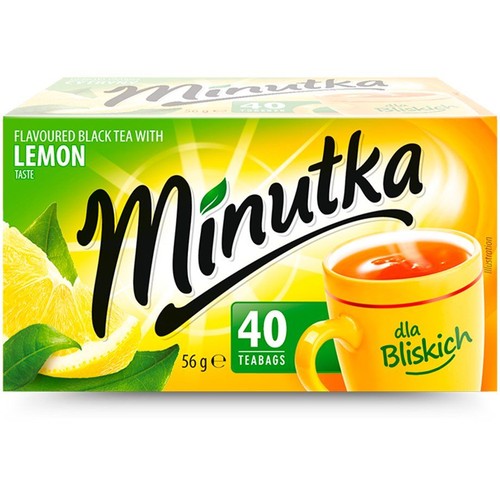 Minutka czarna herbata cytrynowa w torebkach, 40 sztuk, 56g. Opakowanie z motywem cytryn i filiżanki. Napis "dla Bliskich".