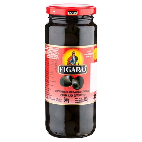 Czarne oliwki drylowane Figaro w szklanym słoiku, masa netto 340g, po odsączeniu 160g.