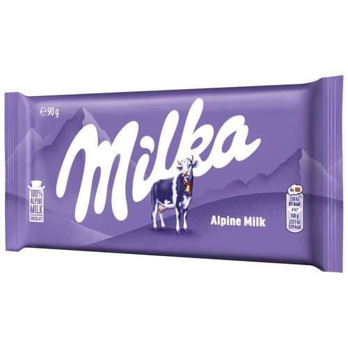 Opakowanie czekolady mlecznej Milka Alpine Milk 90 g. Fioletowe tło z górami, logo Milka i charakterystyczna krowa.