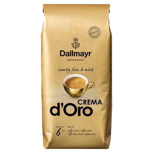 Złote opakowanie kawy Dallmayr Crema d'Oro. Kawa ziarnista, delikatna i aksamitna. Intensywność palenia 6/10.