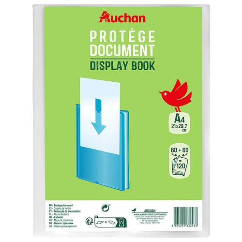Auchan album ofertowy A4, 120 kieszonek. Zielona etykieta z ilustracją wkładania dokumentu.