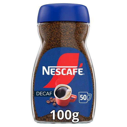 Słoik kawy rozpuszczalnej Nescafé Decaf. Niebieska etykieta z logo i czerwoną filiżanką kawy. Waga 100g.