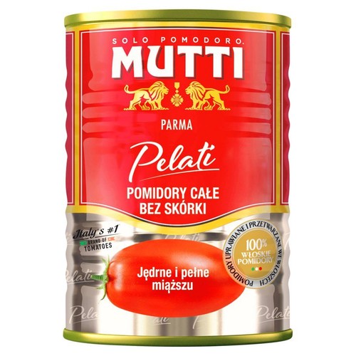 Puszka Mutti Pelati, pomidory całe bez skórki. Czerwona etykieta z napisem Mutti i grafiką pomidora. Włoska marka numer 1.