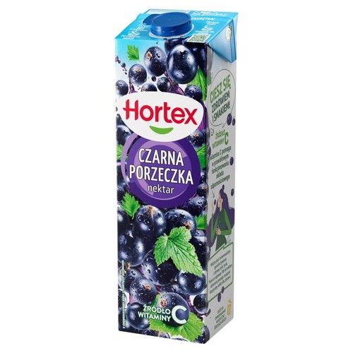Karton nektaru Hortex Czarna Porzeczka 1 litr. Na opakowaniu grafika czarnych porzeczek i liści.