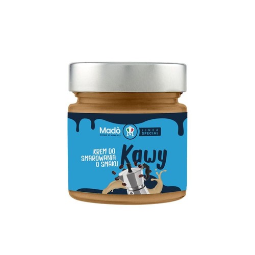 Krem do smarowania Madò o smaku kawy, zapakowany w przezroczysty szklany słoik z metalową zakrętką. Na niebieskiej etykiecie widnieje nazwa produktu i ilustracja kawiarki z kawą.