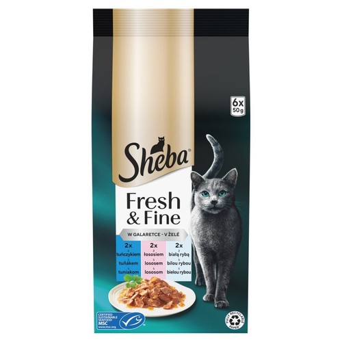 Karma dla kota Sheba Fresh & Fine, mix smaków: tuńczyk, łosoś, biała ryba, w galaretce. Opakowanie zbiorcze 6x50g z wizerunkiem kota.