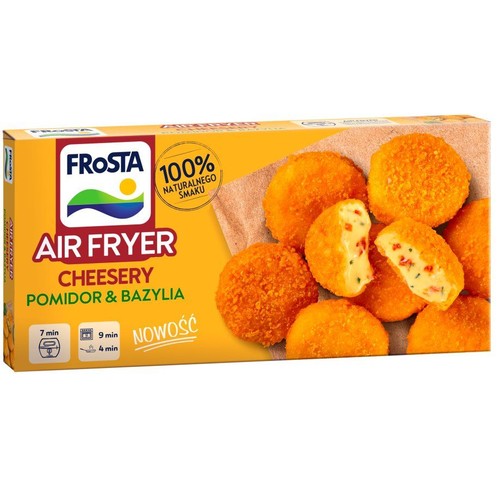 Frosta Cheesery Pomidor & Bazylia do Air Fryer. Złociste kulki serowe, niektóre przekrojone, z nadzieniem pomidorowo-bazyliowym.