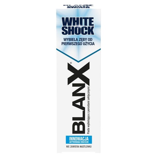 Pasta do zębów BlanX White Shock. Wybiela zęby od pierwszego użycia. Aktywowana światłem, nie zawiera nadtlenku.