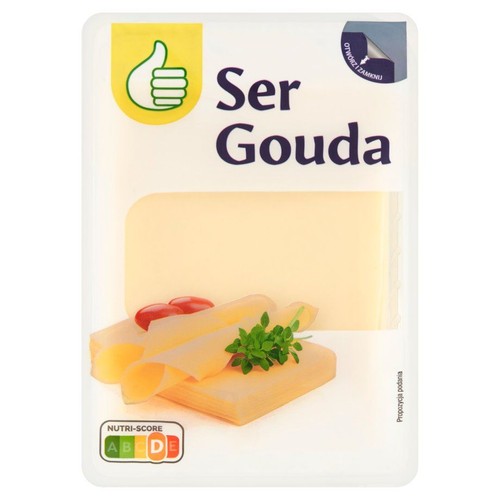 Opakowanie sera Gouda z żółtym logo kciuka w górę i napisem "Ser Gouda". Widoczny fragment sera w środku.