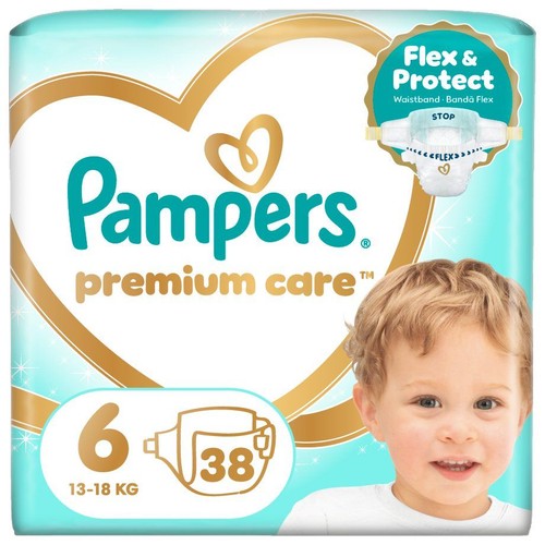 Pampers Premium Care pieluchy, rozmiar 6, 13-18 kg, 38 sztuk. Opakowanie z uśmiechniętym dzieckiem i informacją o elastycznym pasie.