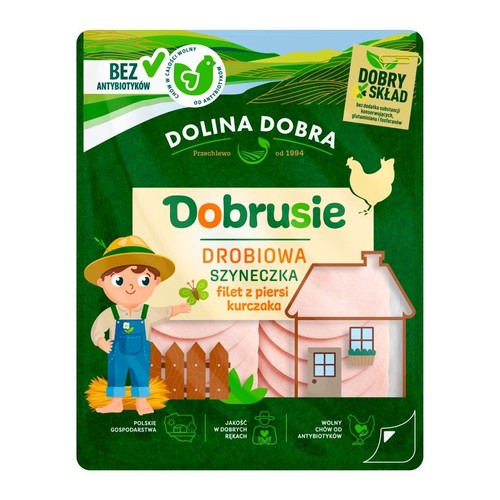 Dobrusie Drobiowa Szynka z fileta kurczaka. Opakowanie z rysunkiem farmera, kury i domu. Bez antybiotyków, wolny chów.