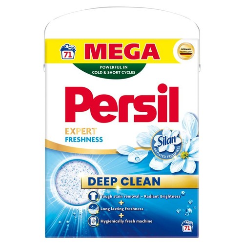 Opakowanie proszku Persil Mega, 71 prań. Usuwa trudne plamy, zapewnia higienicznie czystą pralkę i promienny blask.