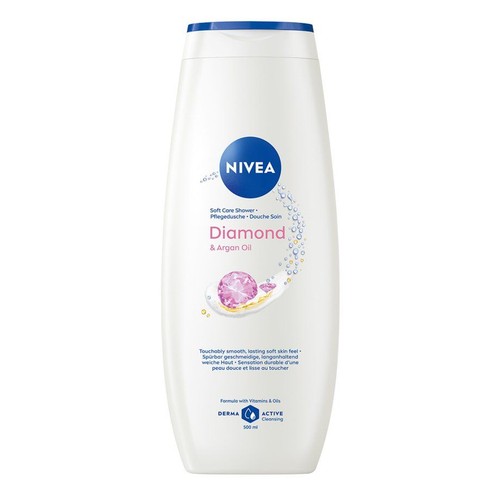 Butelka żelu Nivea Soft Care Shower Diamond & Argan Oil, 500 ml. Zapewnia gładką i miękką skórę.
