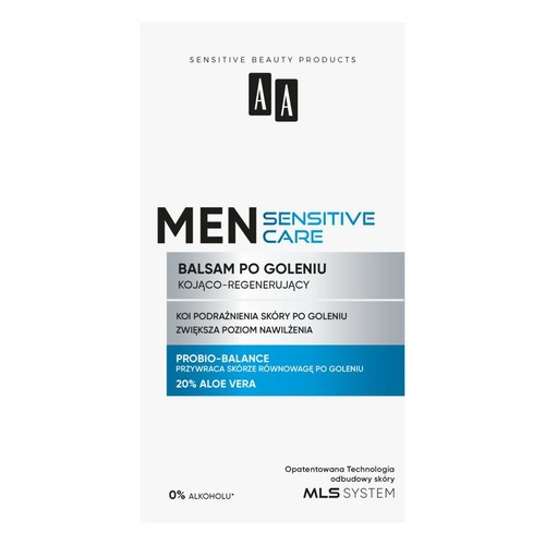 AA MEN Sensitive Care balsam po goleniu, kojąco-regenerujący, z 20% aloesu. Bez alkoholu.