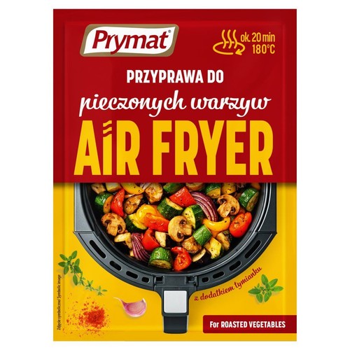 Czerwono-żółta przyprawa Prymat do pieczonych warzyw Air Fryer. Na opakowaniu kosz frytkownicy z warzywami, czosnek, tymianek.