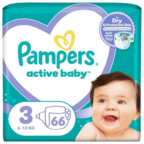 Opakowanie pieluszek Pampers Active Baby, rozmiar 3 (6-10 kg), 66 sztuk. Na opakowaniu uśmiechnięte dziecko i logo Pampers.