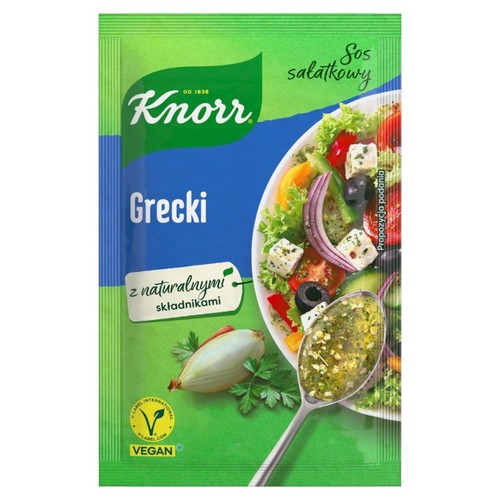 Knorr Sos sałatkowy Grecki z naturalnymi składnikami. Opakowanie zielono-niebieskie z grafiką sałatki i łyżki sosu. Wegański.