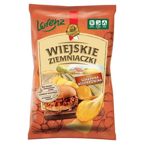Chipsy Lorenz Wiejskie Ziemniaczki, smak Pulled Pork. Opakowanie z grafiką pola, burgera i chipsów. Bez glutenu.