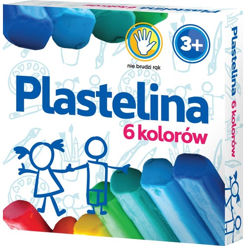 Opakowanie plasteliny w 6 kolorach: czerwonym, żółtym, zielonym, jasnoniebieskim, niebieskim i ciemnoniebieskim. Produkt nie brudzi rąk i jest przeznaczony dla dzieci od 3 lat. Na pudełku grafiki dzieci i przyborów plastycznych.