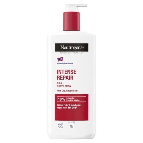 Balsam do ciała Neutrogena Intense Repair Cica, formuła norweska. Zawiera 10% gliceryny i Centella Asiatica.