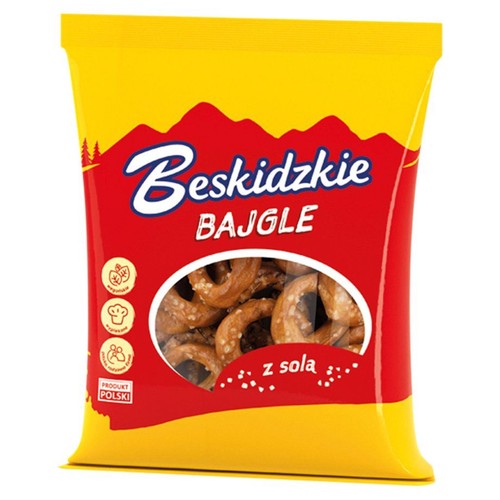 Czerwono-żółta paczka Beskidzkich Bajgli z solą. Przezroczyste okienko pokazuje słone precle. Polski produkt.