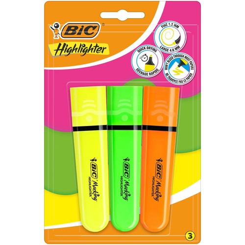 Zestaw 3 zakreślaczy BIC Marking Highlighter w blistrze. Zawiera kolory żółty, zielony i pomarańczowy. Posiadają szybkoschnący tusz, który nie przebija większości papierów. Końcówka umożliwia pisanie linią o grubości 1.2 mm (cienka) lub 4.6 mm (gruba).